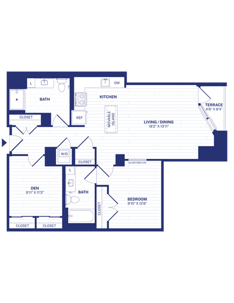 Floor plan for 1 bed, 2 baths, 987 sqft