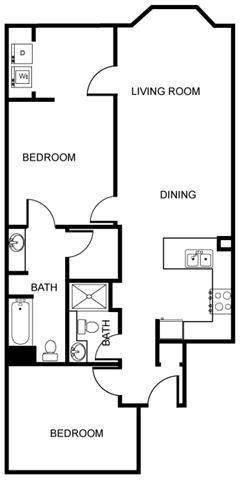 Floor plan for 2 beds, 2 baths, 1091 sqft