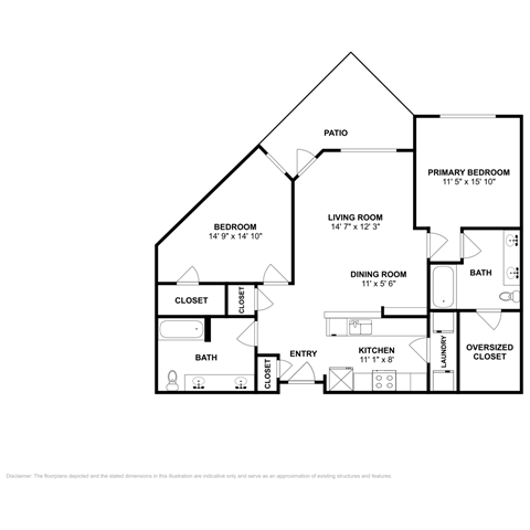 Floor plan for 2 beds, 2 baths, 1069 sqft