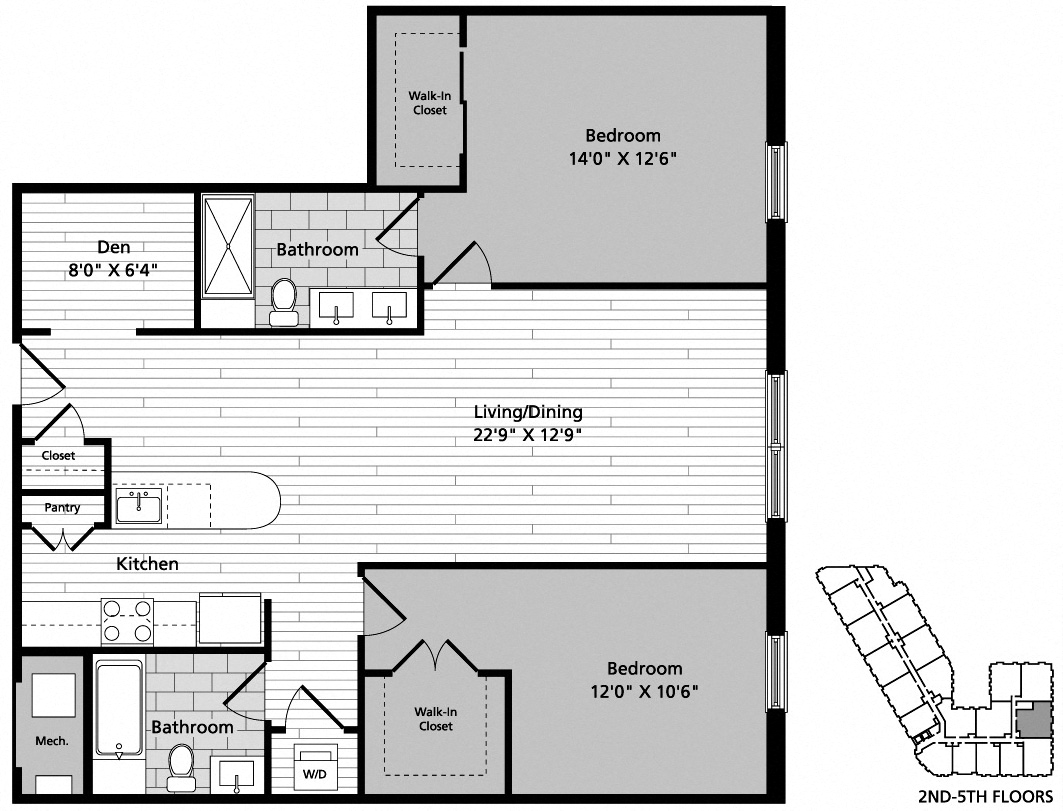 Floor plan for 2 beds, 2 baths, 1148 sqft
