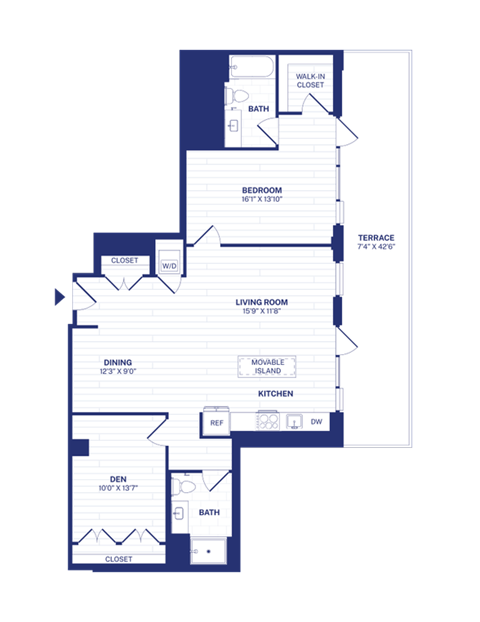 Floor plan for 1 bed, 1 bath, 1169 sqft