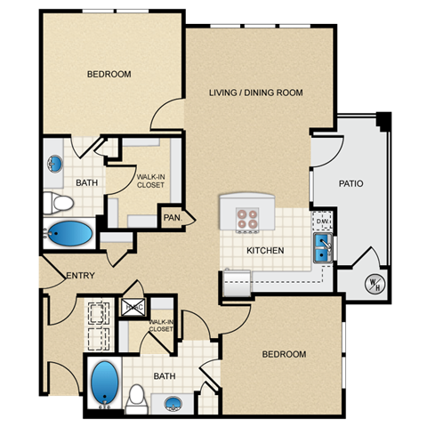 Floor plan for 2 beds, 2 baths, 1135 sqft