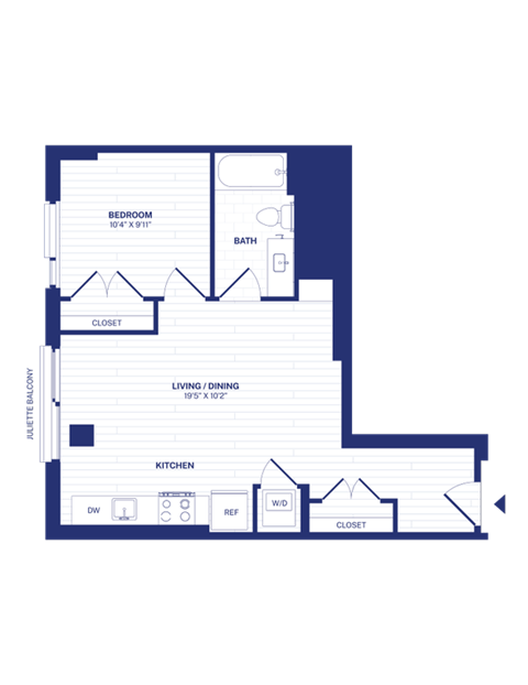 Floor plan for 1 bed, 1 bath, 598 sqft