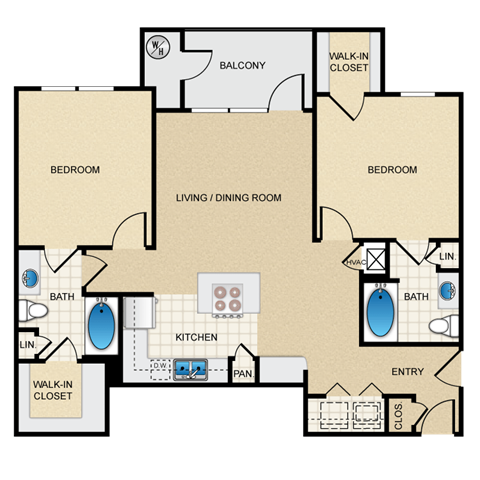 Floor plan for 2 beds, 2 baths, 1140 sqft