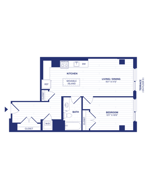 Floor plan for 1 bed, 1 bath, 728 sqft
