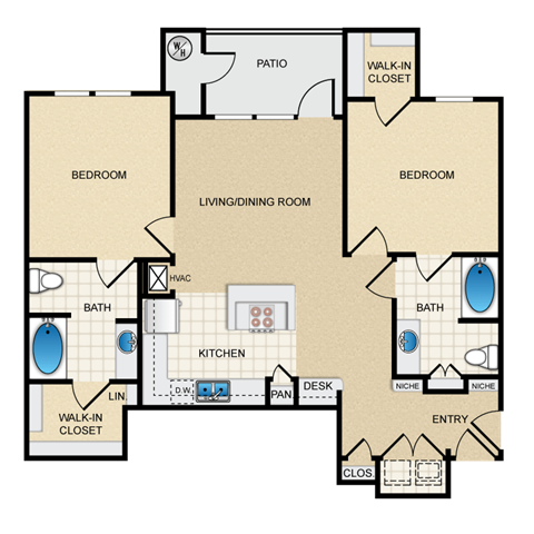 Floor plan for 2 beds, 2 baths, 1168 sqft