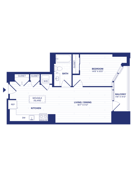 Floor plan for 1 bed, 1 bath, 696 sqft