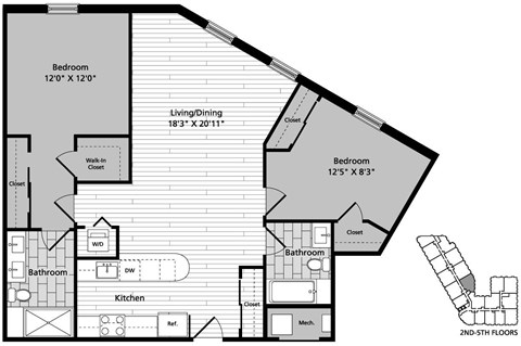 Floor plan for 2 beds, 2 baths, 1064 sqft