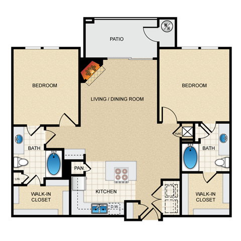 Floor plan for 2 beds, 2 baths, 1179 sqft
