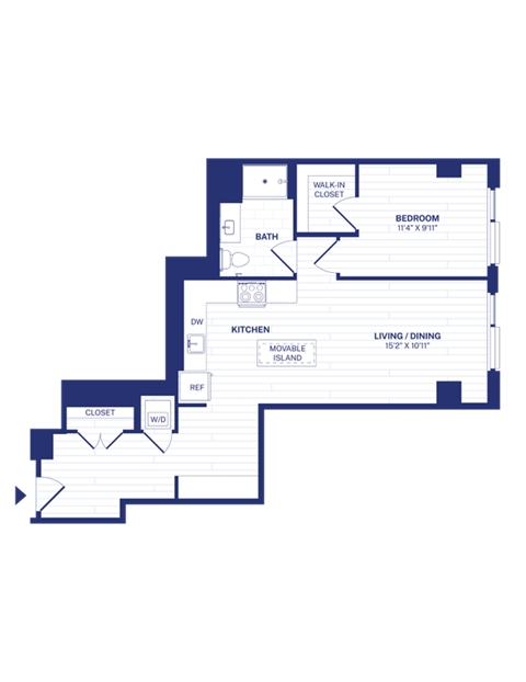 Floor plan for 1 bed, 1 bath, 781 sqft