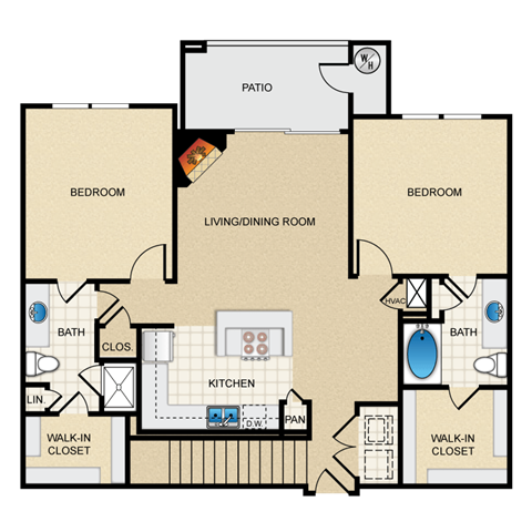 Floor plan for 2 beds, 2 baths, 1222 sqft
