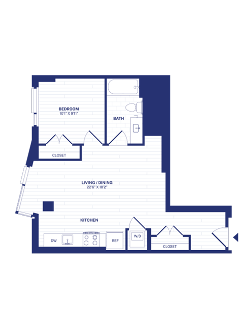 Floor plan for 1 bed, 1 bath, 612 sqft