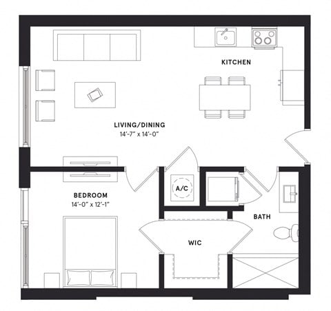 Floor plan for 1 bed, 1 bath, 731 sqft