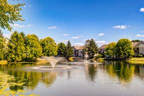 Dublin apartment for rent - A serene lake with a fountain in the middle surrounded by lush green trees.