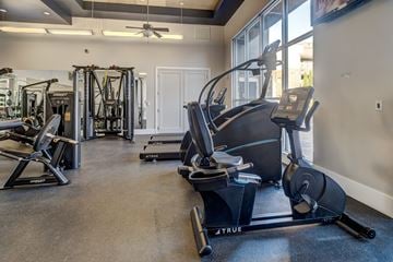 Mckinney apartment for rent - A gym with a variety of exercise equipment including treadmills, elliptical machines, and weight machines.