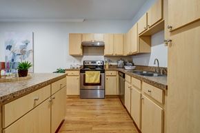 Austin apartment for rent - A kitchen with wooden cabinets and a granite countertop.