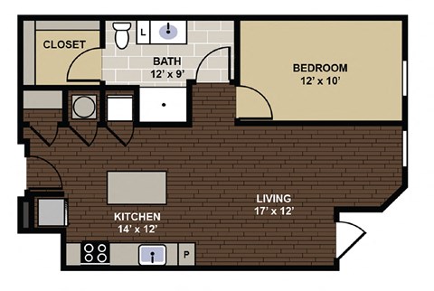 Floor plan for 1 bed, 1 bath, 674 sqft