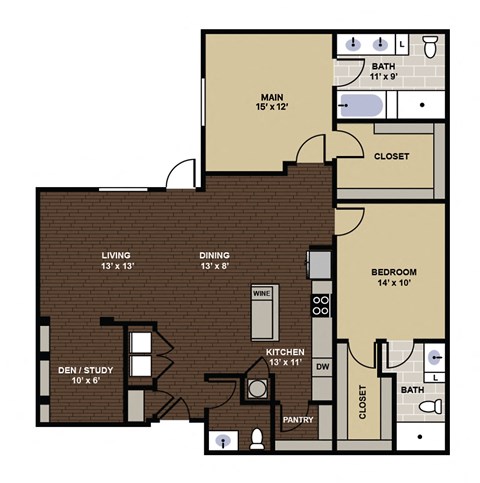 Floor plan for 2 beds, 2.5 baths, 1528 sqft