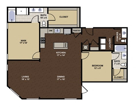 Floor plan for 2 beds, 2.5 baths, 1604 sqft