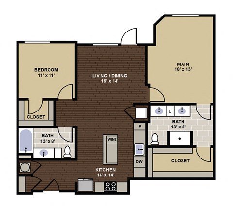 Floor plan for 2 beds, 2 baths, 1141 sqft