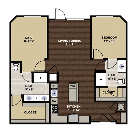 Floor plan for 2 beds, 2 baths, 1089 sqft