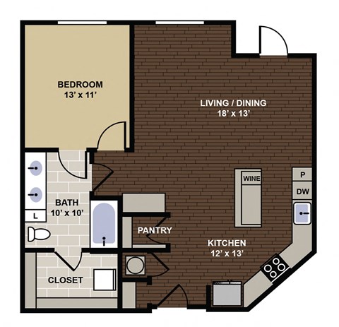 Floor plan for 1 bed, 1 bath, 855 sqft