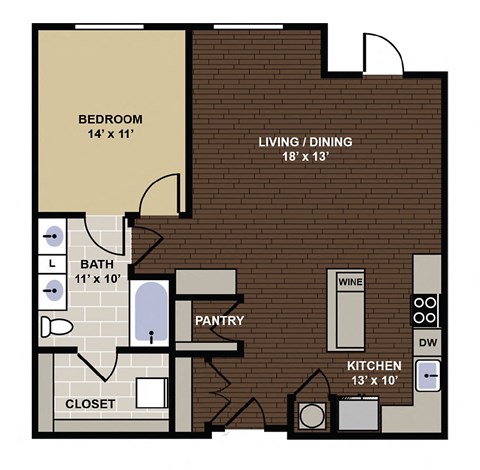 Floor plan for 1 bed, 1 bath, 870 sqft