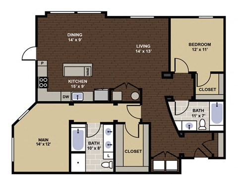 Floor plan for 2 beds, 2 baths, 1358 sqft