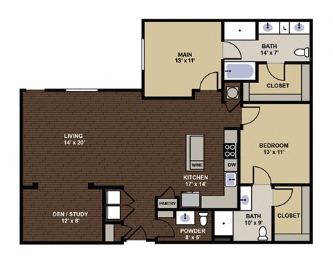 Floor plan for 2 beds, 2.5 baths, 1461 sqft