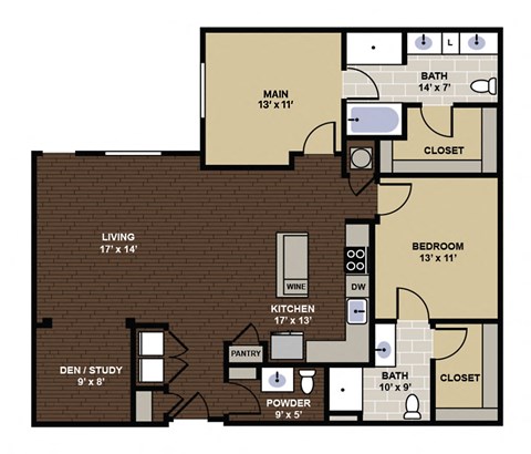 Floor plan for 2 beds, 2.5 baths, 1361 sqft