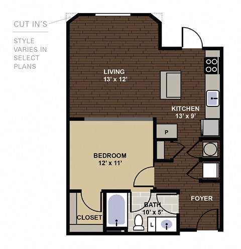 Floor plan for 1 bed, 1 bath, 631 sqft
