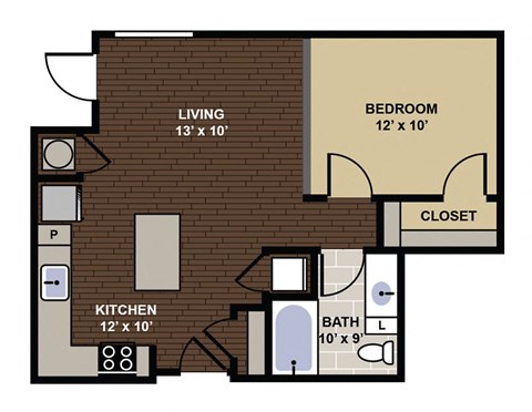 Floor plan for 1 bed, 1 bath, 600 sqft