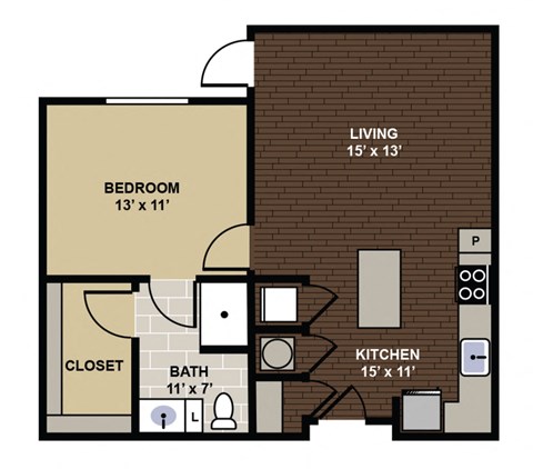 Floor plan for 1 bed, 1 bath, 652 sqft
