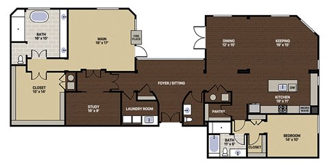 Floor plan for 2 beds, 2.5 baths, 2600 sqft