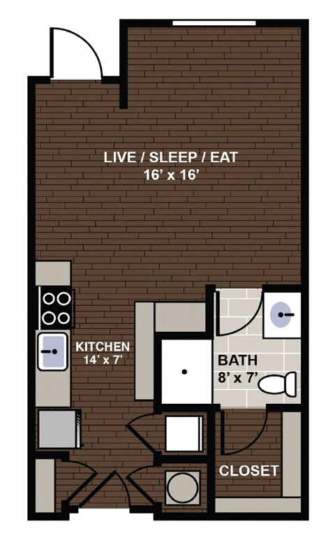 Floor plan for studio, 1 bath, 480 sqft