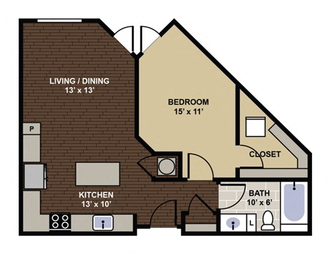 Floor plan for 1 bed, 1 bath, 690 sqft