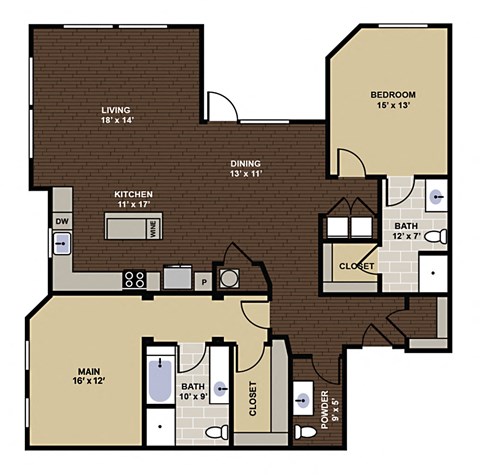 Floor plan for 2 beds, 2.5 baths, 1619 sqft