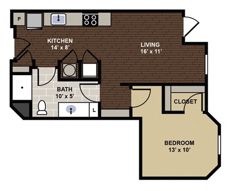 Floor plan for 1 bed, 1 bath, 617 sqft