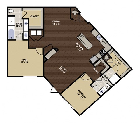 Floor plan for 2 beds, 2 baths, 1576 sqft
