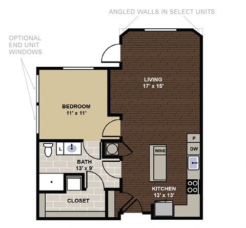Floor plan for 1 bed, 1 bath, 740 sqft