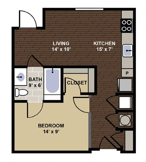 Floor plan for 1 bed, 1 bath, 555 sqft