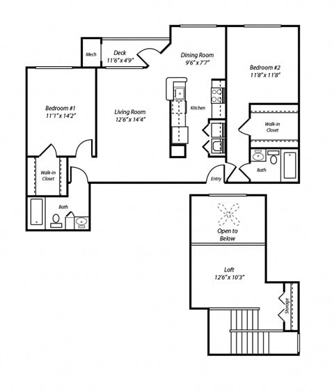 Floor plan for 2 beds, 2 baths, 1331 sqft