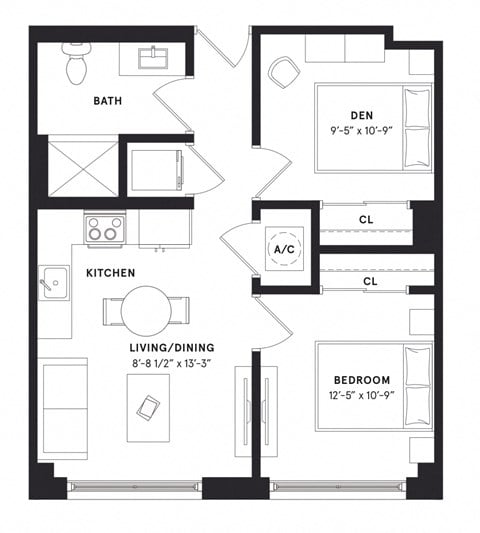 Floor plan for 1 bed, 1 bath, 665 sqft