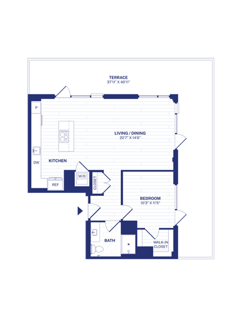 Floor plan for 1 bed, 1 bath, 854 sqft