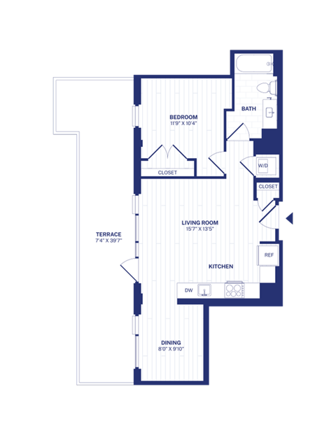 Floor plan for 1 bed, 1 bath, 675 sqft