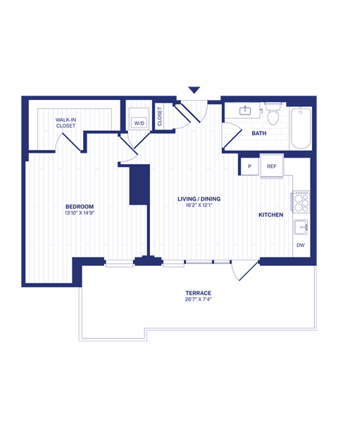 Floor plan for 1 bed, 1 bath, 644 sqft