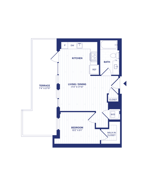 Floor plan for 1 bed, 1 bath, 600 sqft