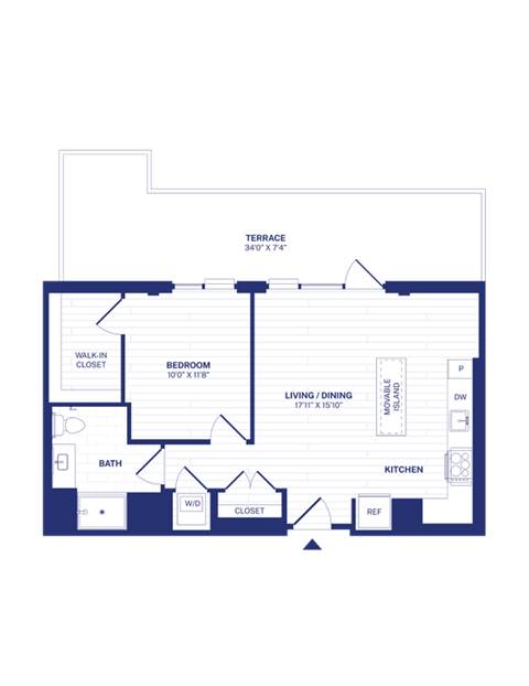 Floor plan for 1 bed, 1 bath, 701 sqft