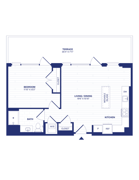 Floor plan for 1 bed, 1 bath, 696 sqft
