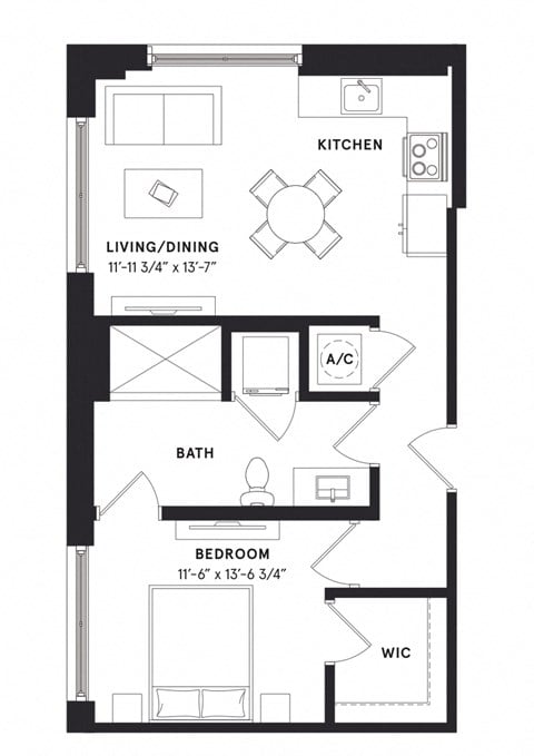 Floor plan for 1 bed, 1 bath, 700 sqft